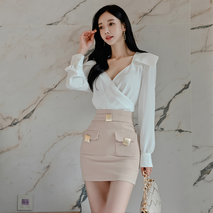Cross-Border Set 2025 Autumn New Style Socialite Fashion V-Neck Long-Sleeve Top + High-Waisted Pencil Skirt Two-Piece Set