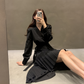 Korean Chic Autumn New V-neck Elegant Elegant Slim-fit Puff Sleeve Pleated Long Sleeve Mid-length Dress For Women