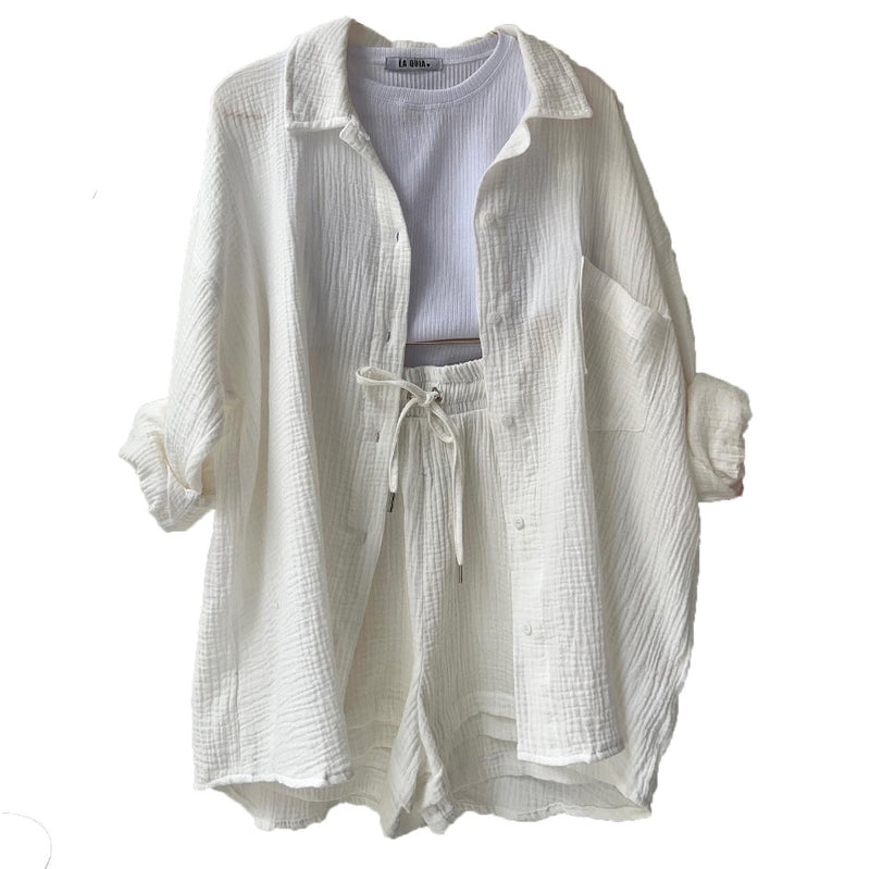 Spring Champray Lapel Long Sleeve Shirt High Waist Drawstring Shorts Plus Size Fashion Casual Set