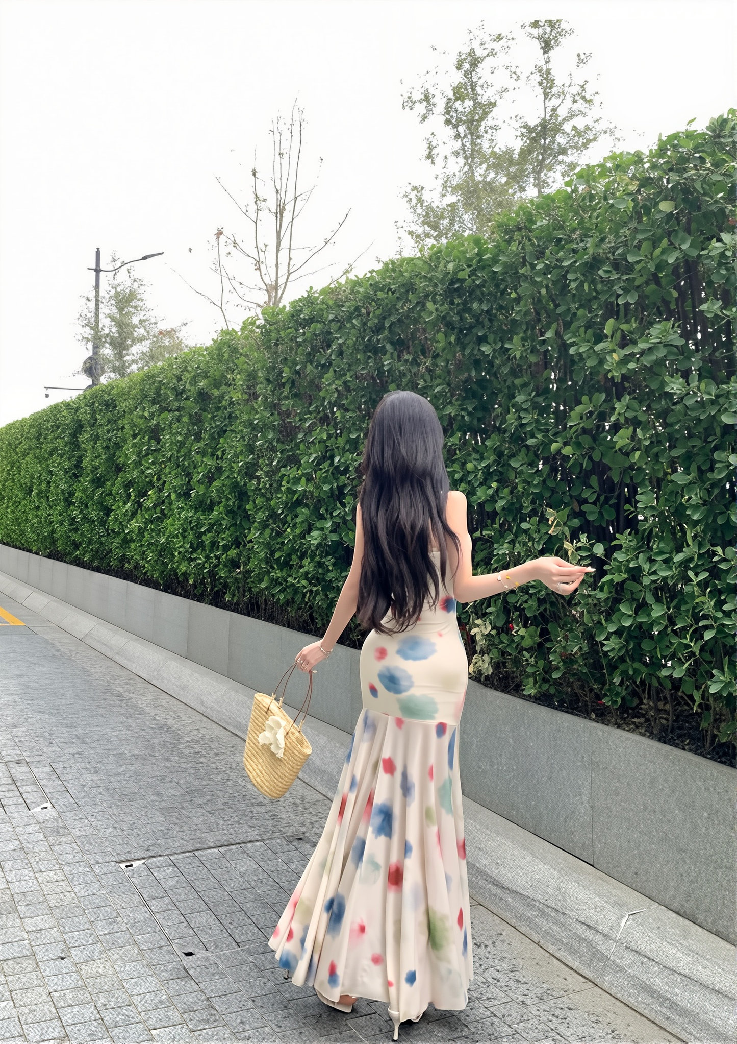 Elegant Vacation Summer Watercolor Sling Dress Women's Spring And Summer Short Long Irregular Skirt Fishtail Skirt