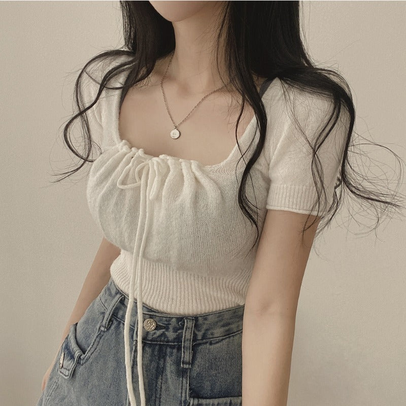 Square Collar Drawstring Short Knitwear Slim Top
