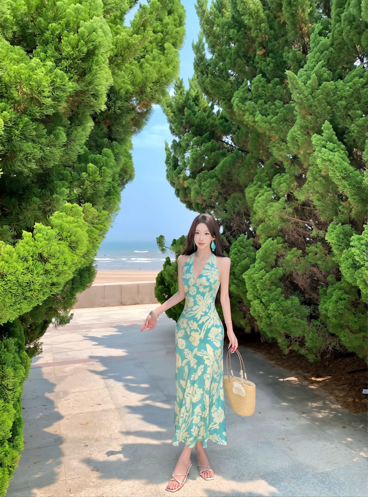 Peacock Blue French Halter Dress - V-Neck Backless Summer Gown