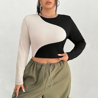 Slim Fit Midriff-baring Slimming Patchwork Round Neck Long Sleeve