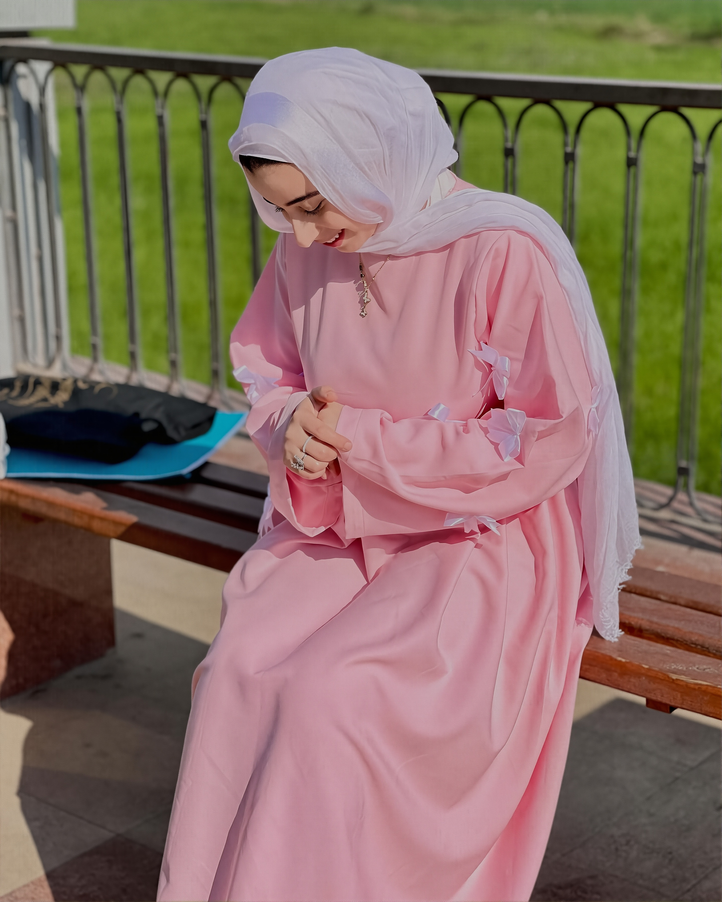 Women's Muslim Style New Three-dimensional Bow Sweet Age-reducing Waist Pink Dress