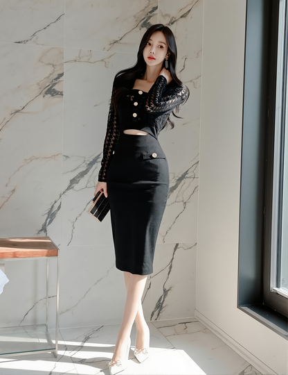 Korean Style Cut Out Dress 2025 - Fake Two-Piece Round Neck Hip-Hugging Midi for Women