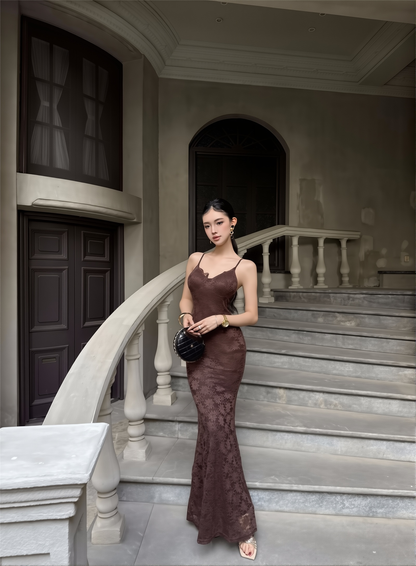 Waist Cinching Floral Lace Gown - French Style Spaghetti Strap Summer Dress