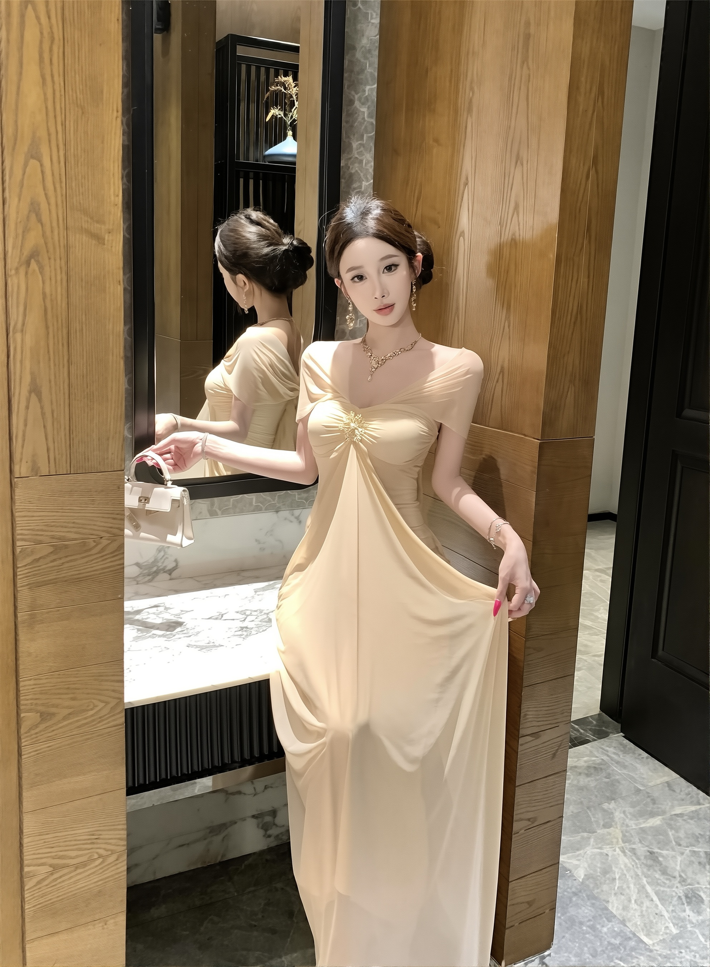 New French Light Luxury Celebrity High-end One-shoulder Two-piece Mesh Long Noble Dress