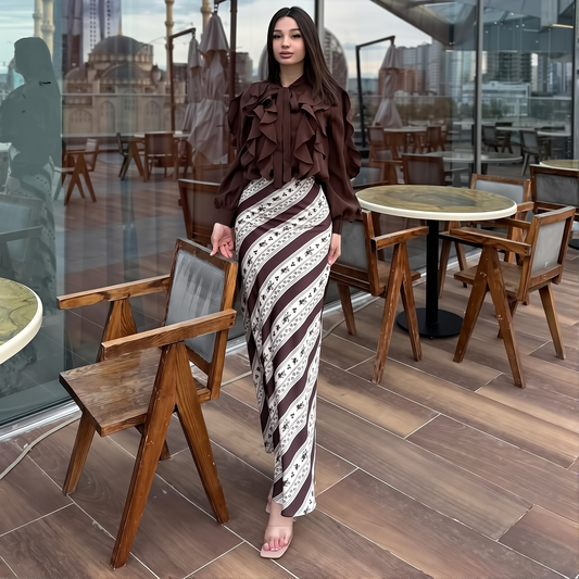 2025 New Women's Clothing Long-Sleeved Ruffle Top Printed High-Waisted Skirt