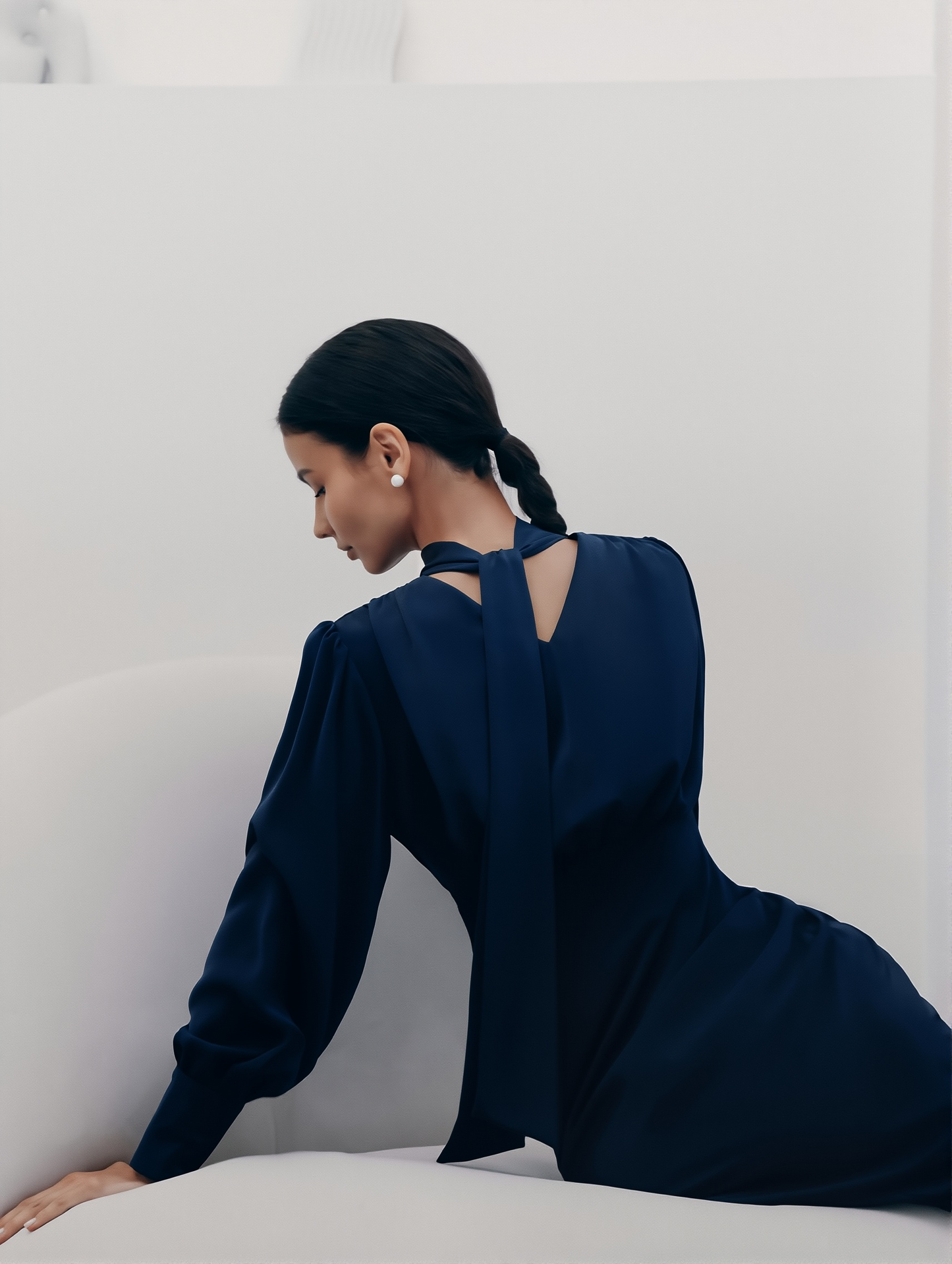 High Collar Cocktail Dress - Long Sleeve A-Line Mid-Length Skirt