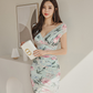 New Style Ladylike Low-Cut V Neck Pleated Waist-Covering Hip Printed Slimming Look Dress For Women