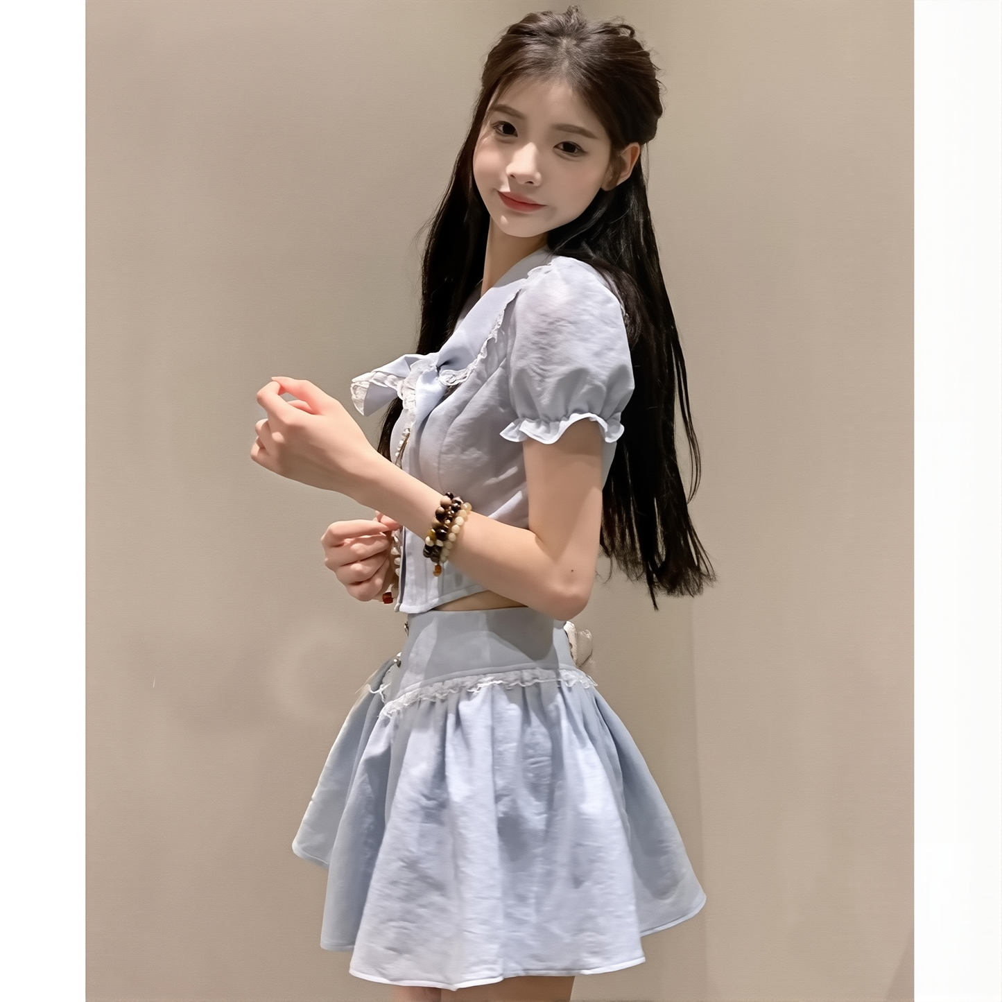 Chanel Style Two-piece Set French Tea Break Lace Double-layer Collar Short Shirt Ruffled A- Line Short Skirt Suit Women