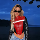 Contrast Color Motorcycle Style Short Navel Leather Top Women's 2024 Autumn New Fashion Hot Girl Long Sleeve Collar Zipper Outer