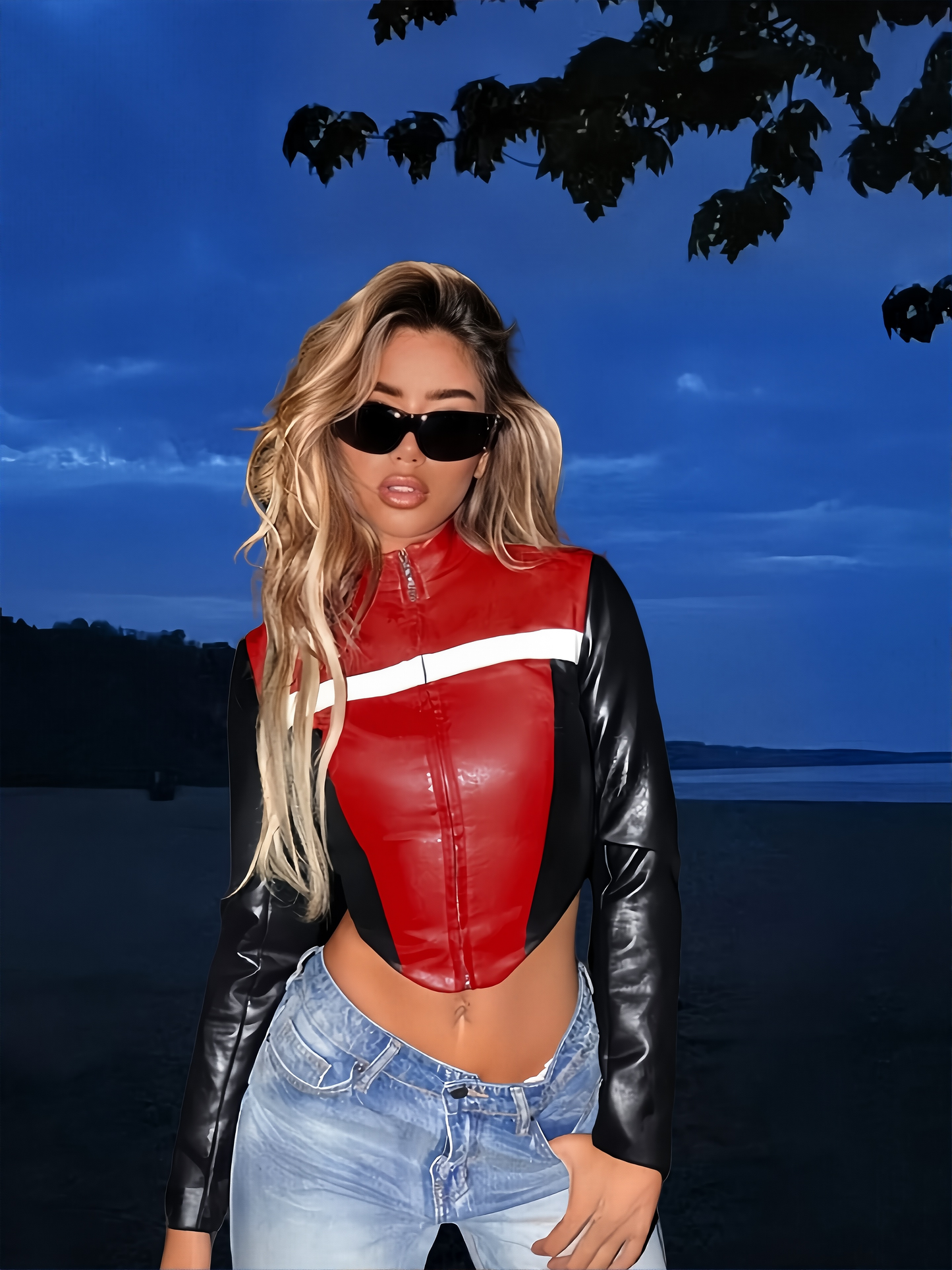 Contrast Color Motorcycle Style Short Navel Leather Top Women's 2024 Autumn New Fashion Hot Girl Long Sleeve Collar Zipper Outer