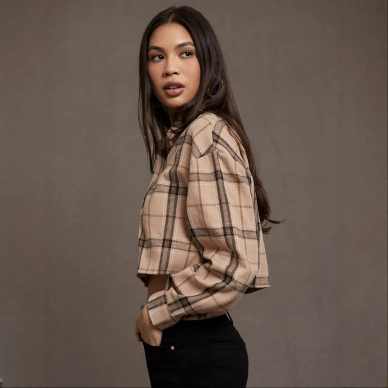 European And American Women's Clothing Short Long Sleeve Plaid Cropped Hot Girl Lapel Shirt