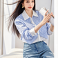 Real Shot In Stock Korean Striped Lapel Long Sleeve Shirt Women's 2025 Autumn New Fake Two-piece Stitching Top