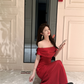 French Sloping Shoulder Red Engagement Dress - Lady Style Hip-Covering Bride's Gown