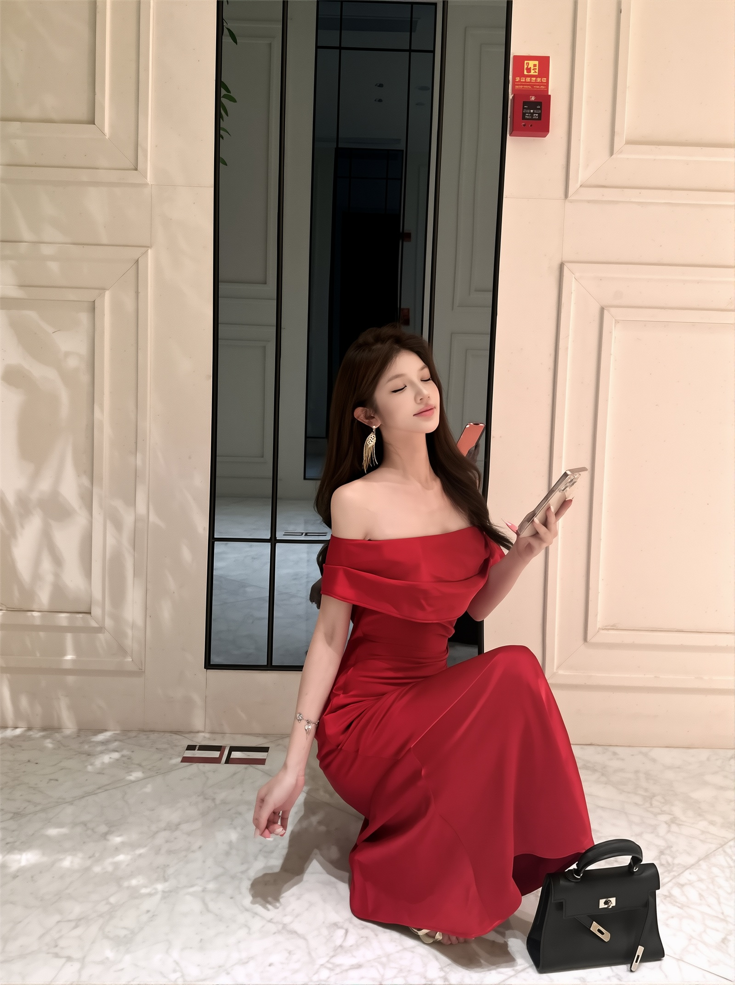 French Sloping Shoulder Red Engagement Dress - Lady Style Hip-Covering Bride's Gown