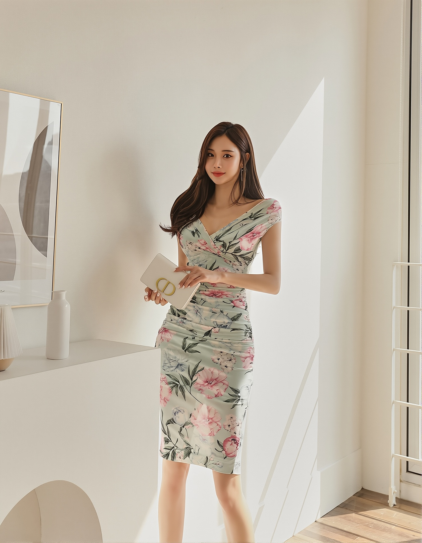 New Style Ladylike Low-Cut V Neck Pleated Waist-Covering Hip Printed Slimming Look Dress For Women