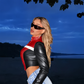Contrast Color Motorcycle Style Short Navel Leather Top Women's 2024 Autumn New Fashion Hot Girl Long Sleeve Collar Zipper Outer