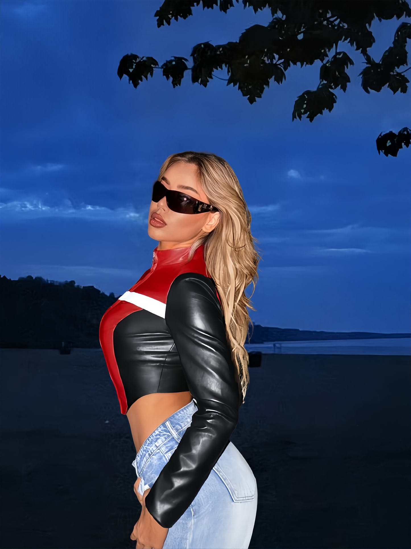 Contrast Color Motorcycle Style Short Navel Leather Top Women's 2024 Autumn New Fashion Hot Girl Long Sleeve Collar Zipper Outer