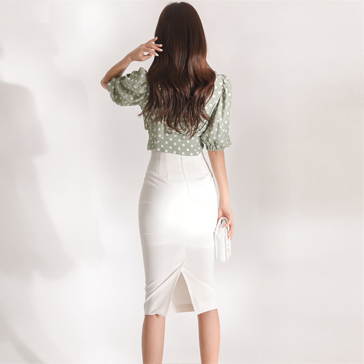 Summer Korean Polka Dot Two-Piece Set - Ribbon Lantern Sleeve Shirt & High Waist Skirt
