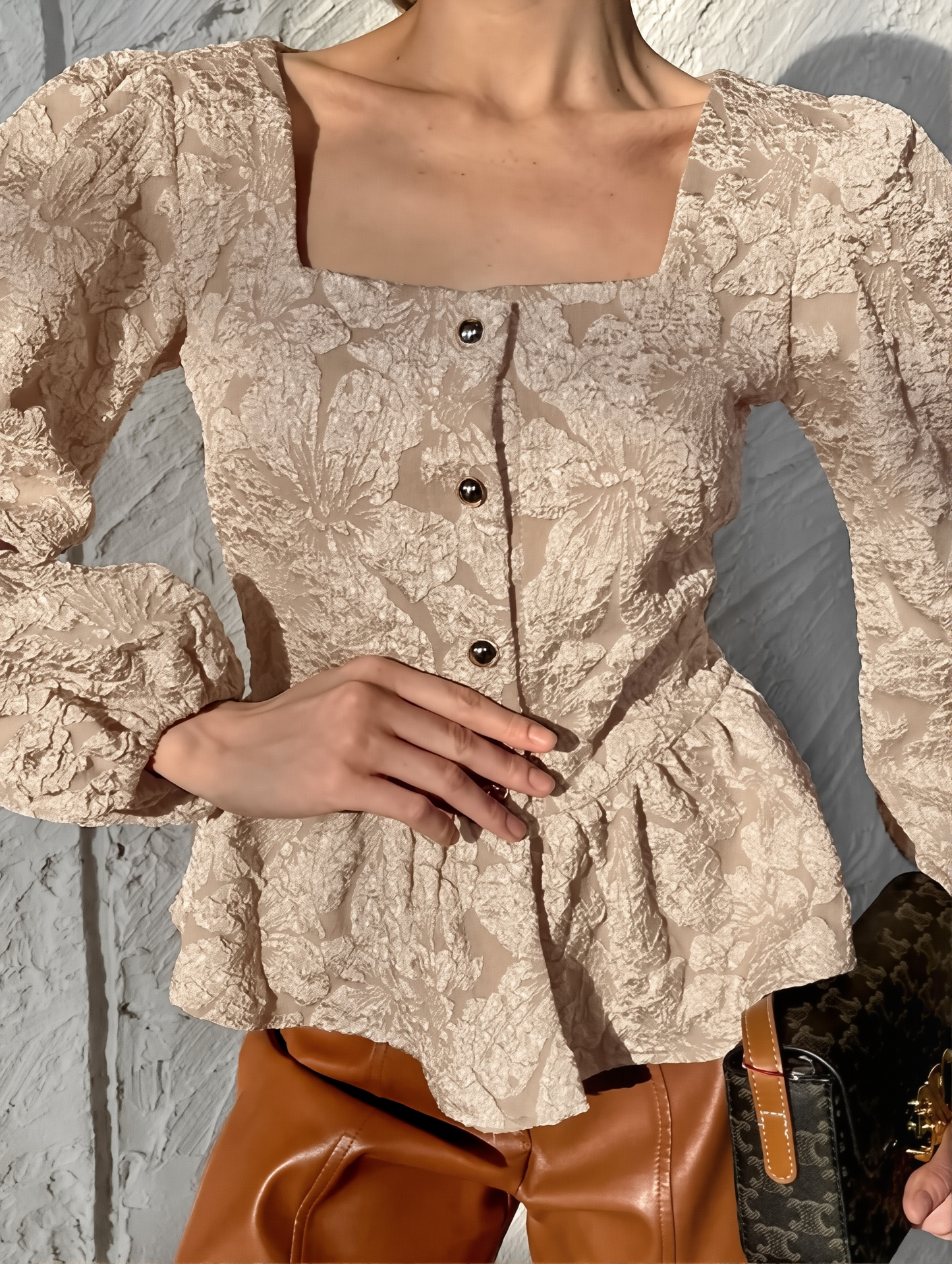 French Cross-border Jacquard Puff Sleeve All-match Shirt 2025 Spring And Summer New Design Niche Square Collar Long Sleeve Top