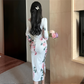 Cross-border Women's Clothing Autumn New Elegant Elegant Pleated Slim Slimming Mid-length One-step Dress Printed Dress