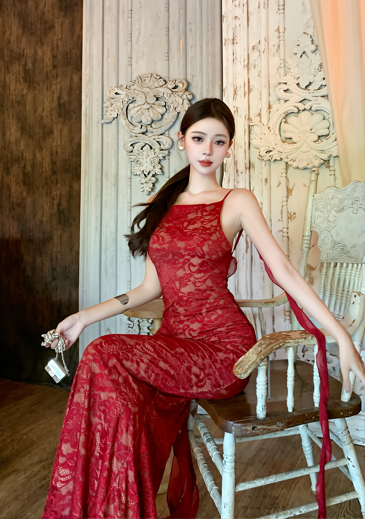 Red Lace Suspender Dress - Sexy Backless Long Vacation Maxi