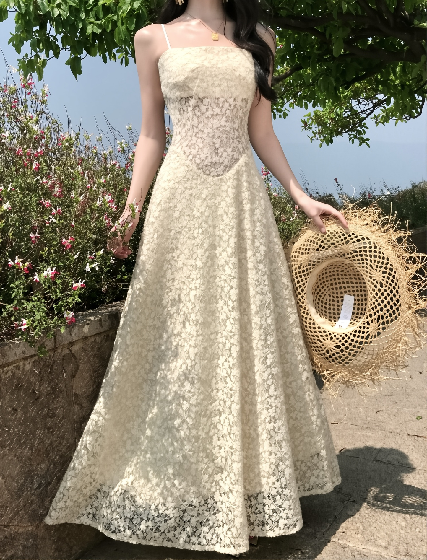 Seaside Vacation Dress French Style - Lace Floral Hollow Out Suspender Skirt Gentle Elegant