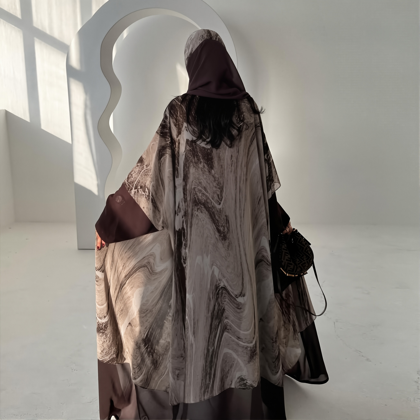 With Turban Brown Print Muslim Women's Clothing