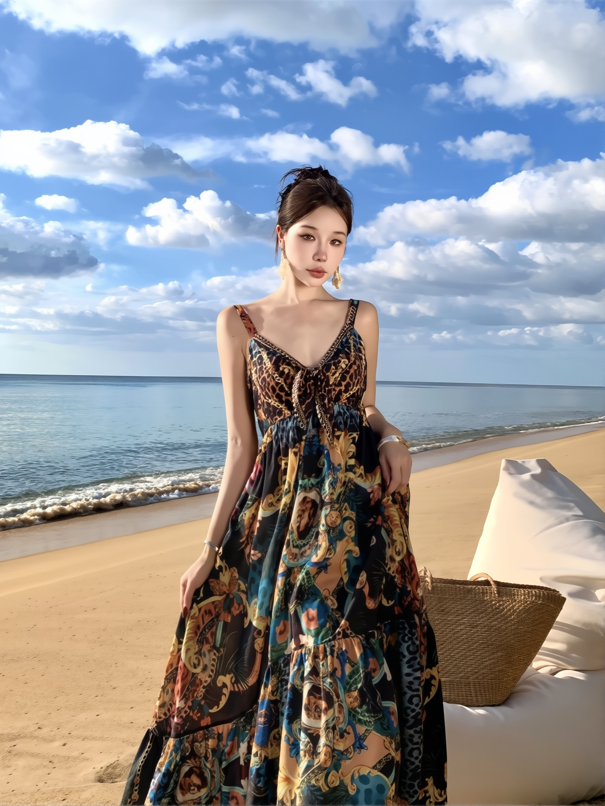 Retro Printed Maxi Dress for Women - Vintage Chic Seaside Vacation Long Dress