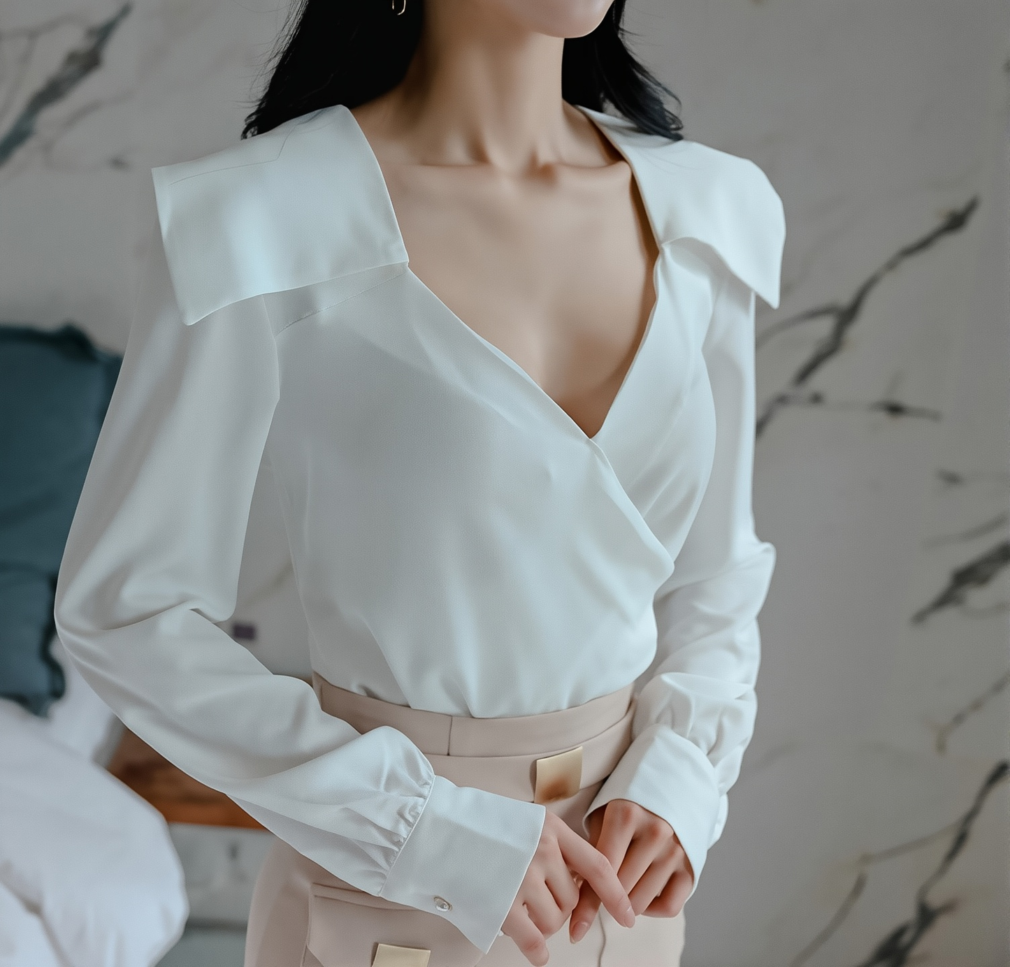 Cross-Border Set 2025 Autumn New Style Socialite Fashion V-Neck Long-Sleeve Top + High-Waisted Pencil Skirt Two-Piece Set