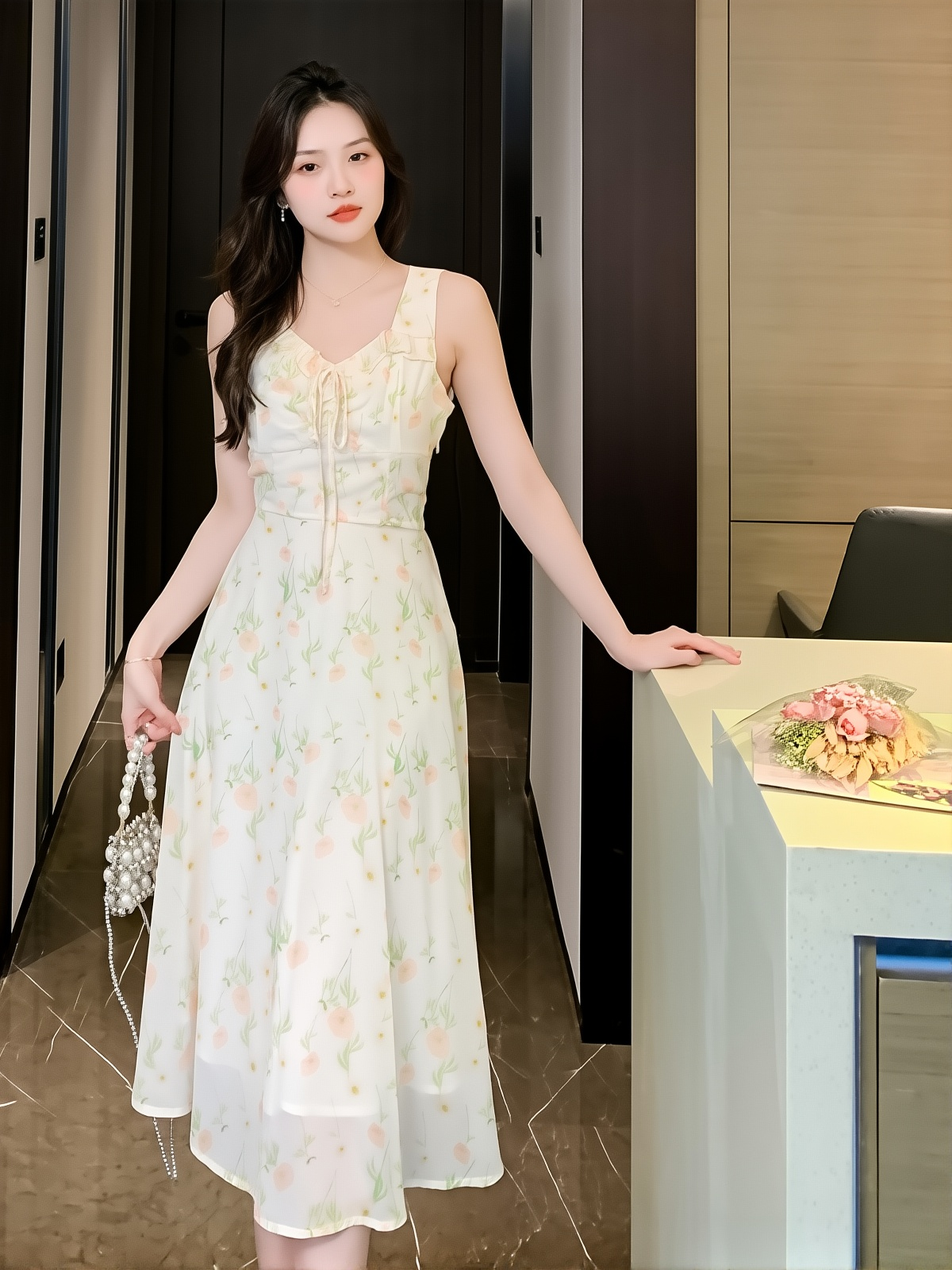 Real Shot Of Summer Sweet Ladylike Floral Suspender Dress, Feminine, Whitening And Slimming Sleeveless Long Skirt