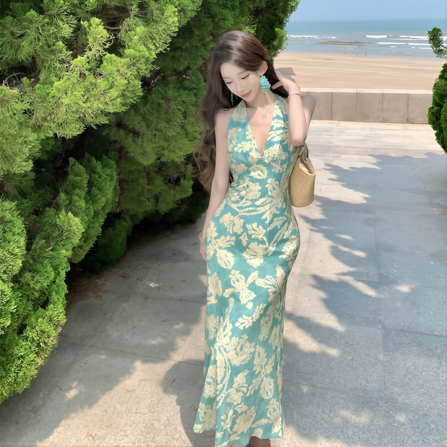 Peacock Blue French Halter Dress - V-Neck Backless Summer Gown