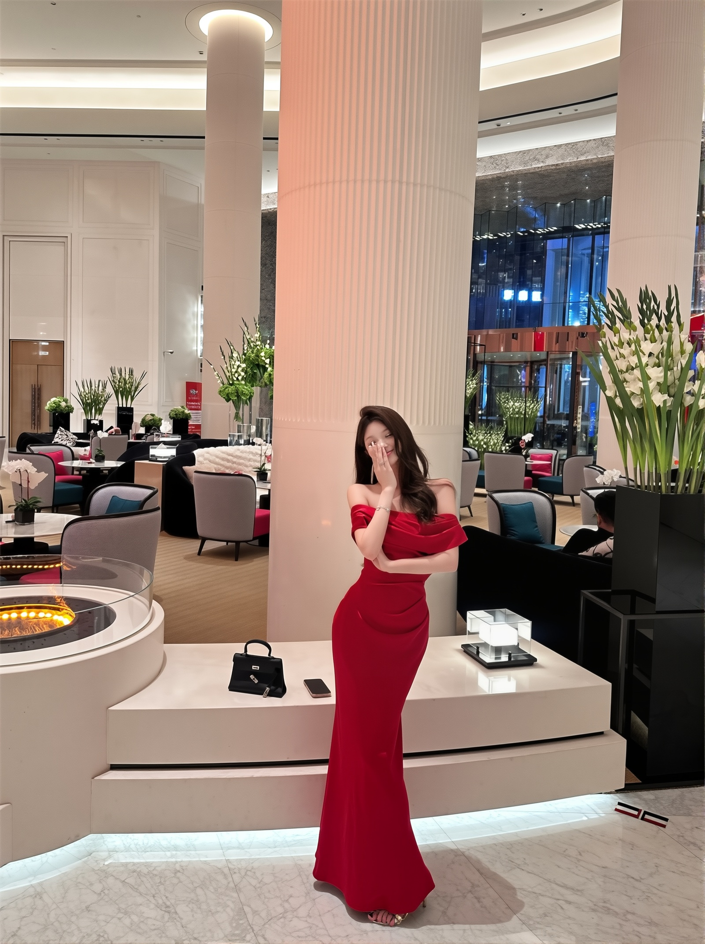 French Sloping Shoulder Red Engagement Dress - Lady Style Hip-Covering Bride's Gown