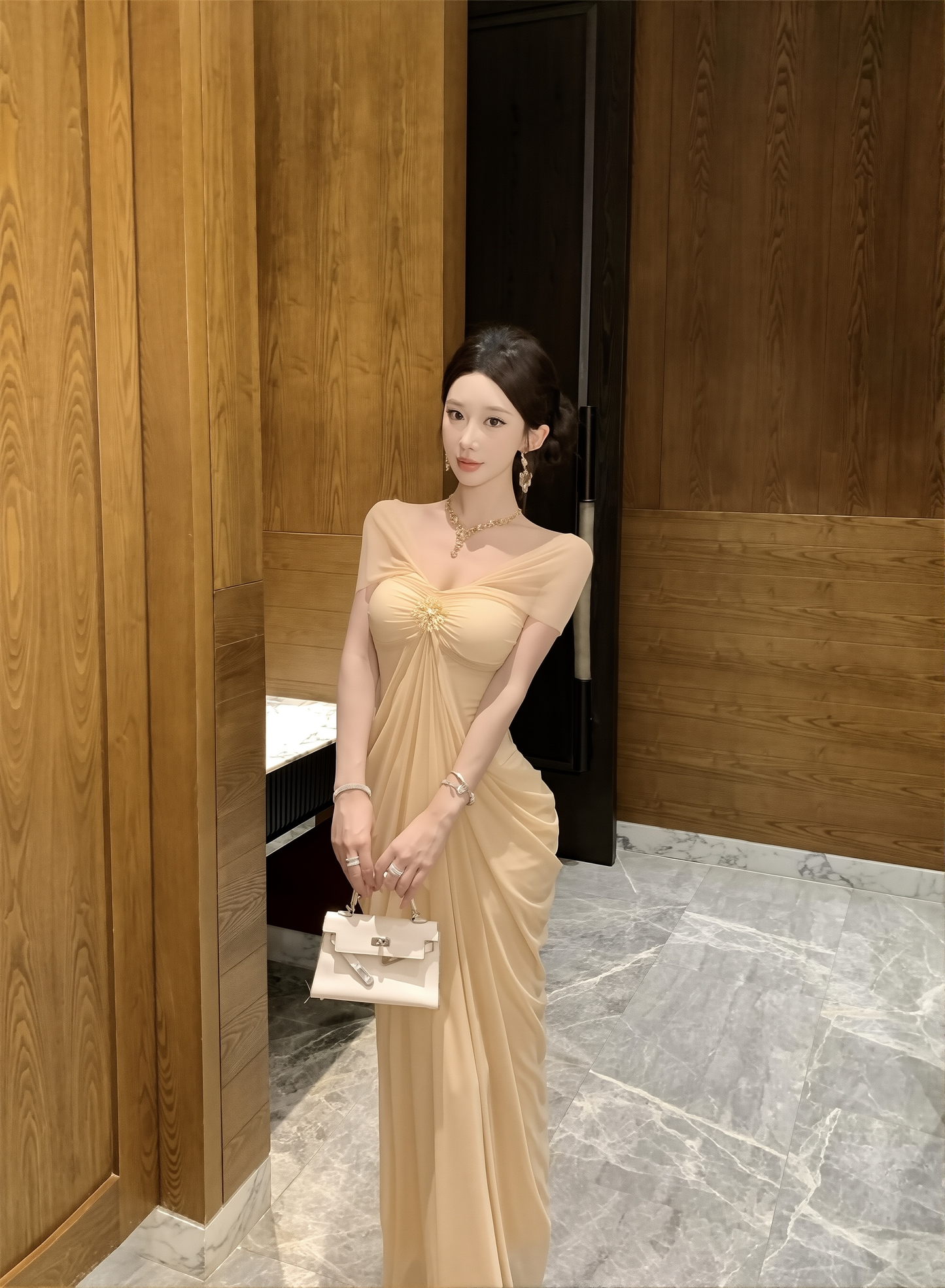 New French Light Luxury Celebrity High-end One-shoulder Two-piece Mesh Long Noble Dress