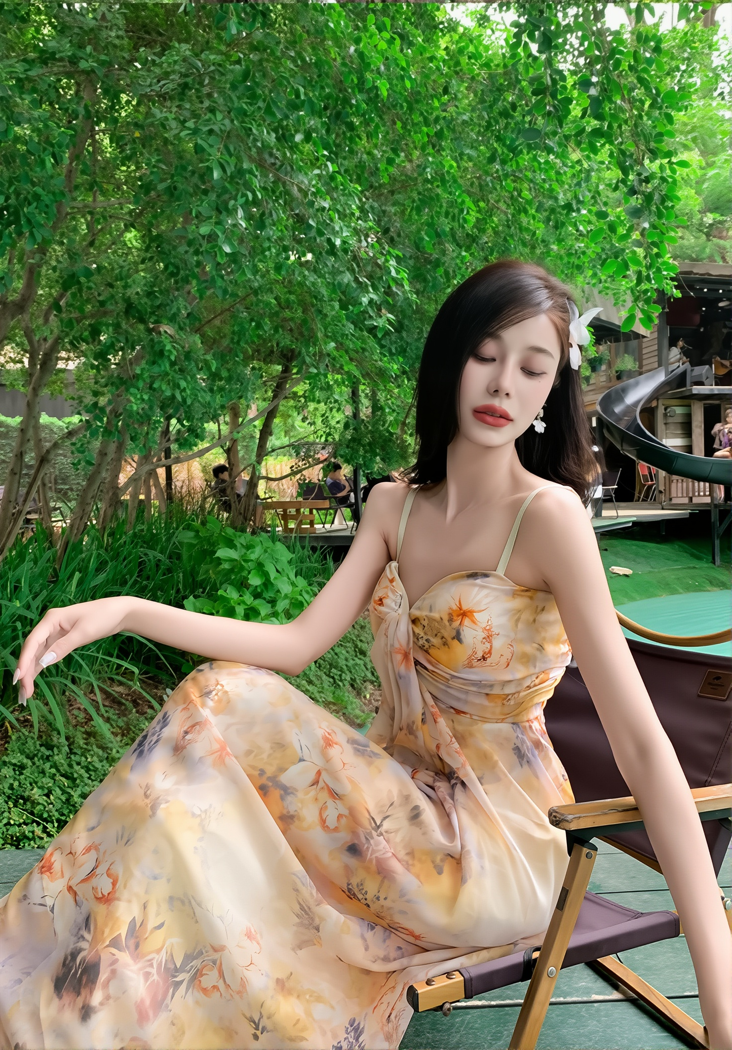 Wearable Art: French Vintage Oil Painting Sling Dress for Seaside Elegance