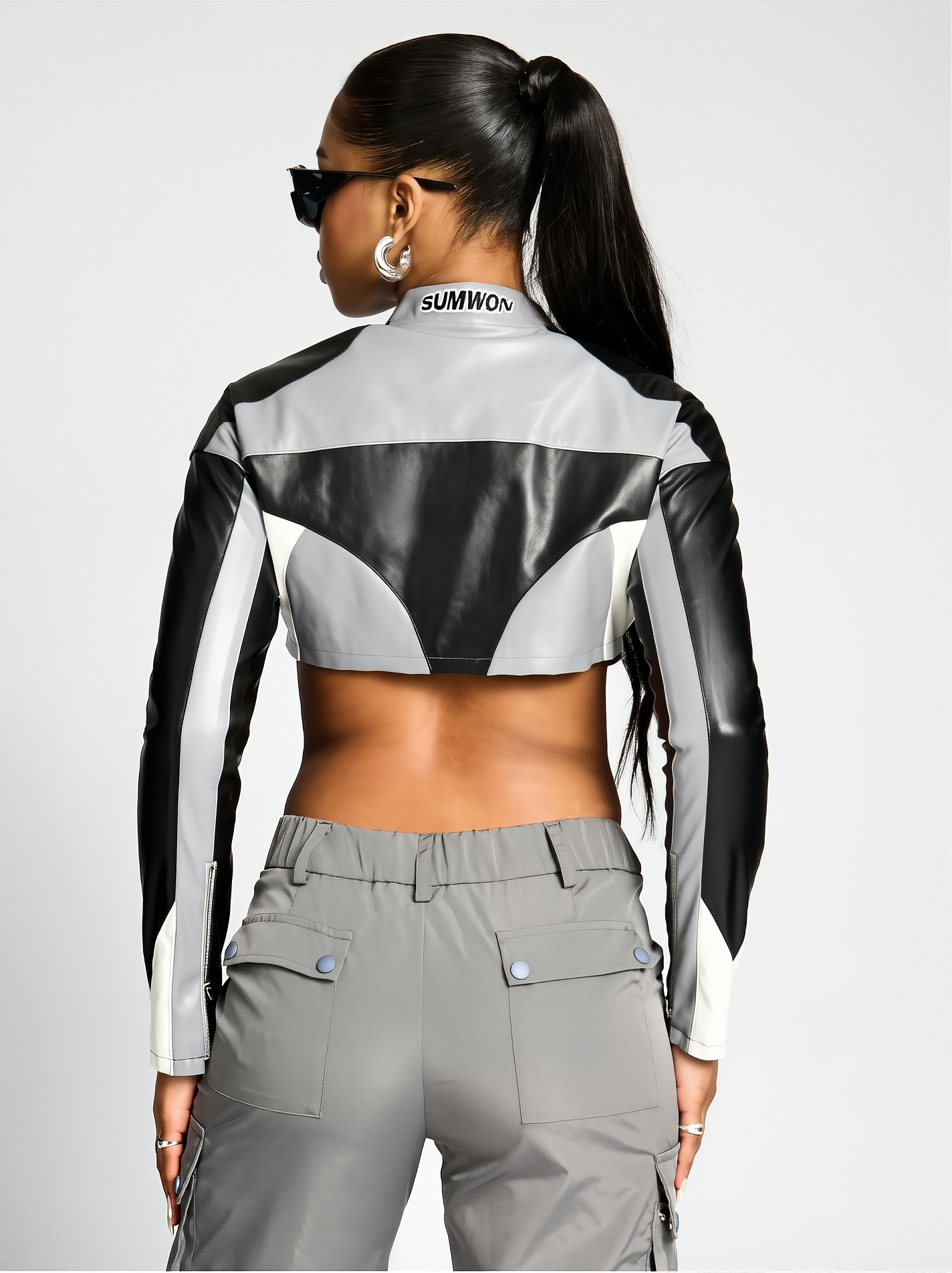 Fashionable All-match Collar Long-sleeved Leather Jacket Women's 2025 Spring And Summer New Distinctive Contrast Color Short Zipper Top
