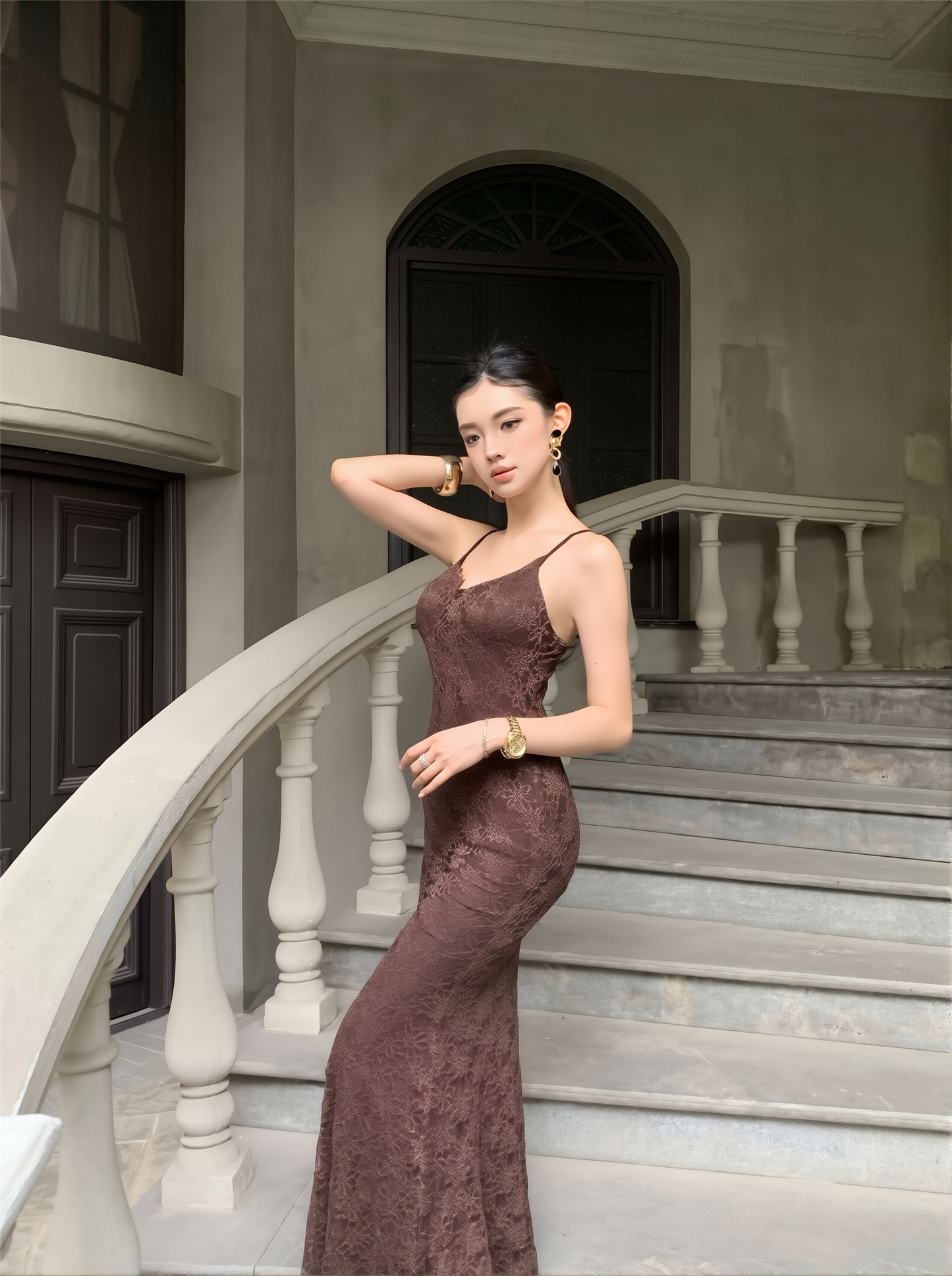 Waist Cinching Floral Lace Gown - French Style Spaghetti Strap Summer Dress