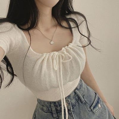 Square Collar Drawstring Short Knitwear Slim Top