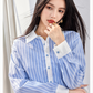 Real Shot In Stock Korean Striped Lapel Long Sleeve Shirt Women's 2025 Autumn New Fake Two-piece Stitching Top