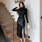 Socialite-Style PU Leather Two-Piece Set - Slimming Top & Suspender Skirt with High Slit