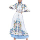 Fashion Puff Sleeves Lapel Robe Arabic Women's Digital Printed Mid Waist Long Dress