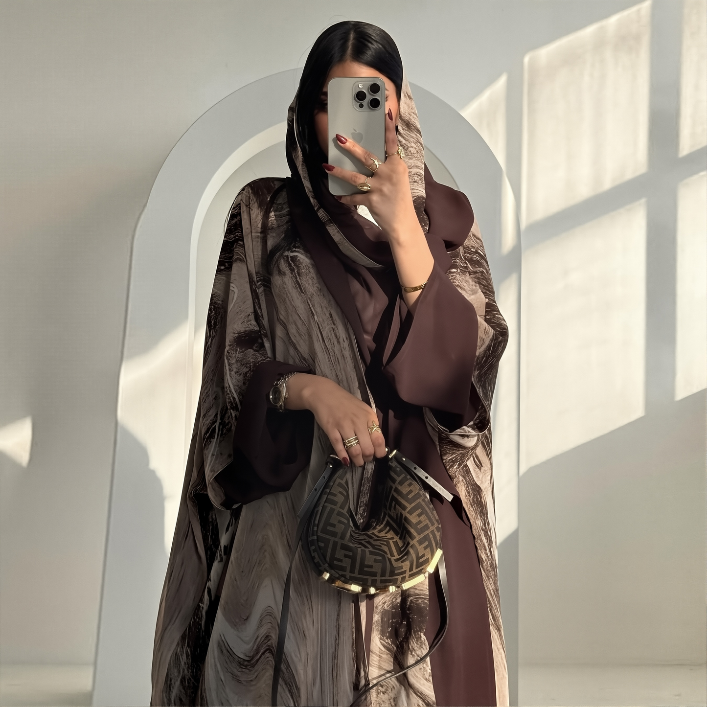 With Turban Brown Print Muslim Women's Clothing