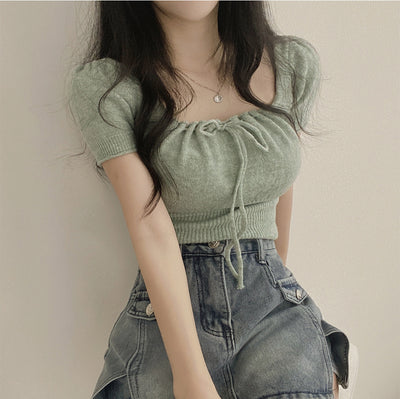 Square Collar Drawstring Short Knitwear Slim Top