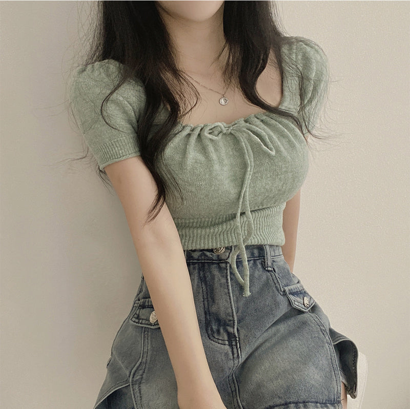 Square Collar Drawstring Short Knitwear Slim Top