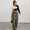 Slim Fit Midriff-baring Slimming Patchwork Round Neck Long Sleeve