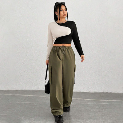 Slim Fit Midriff-baring Slimming Patchwork Round Neck Long Sleeve