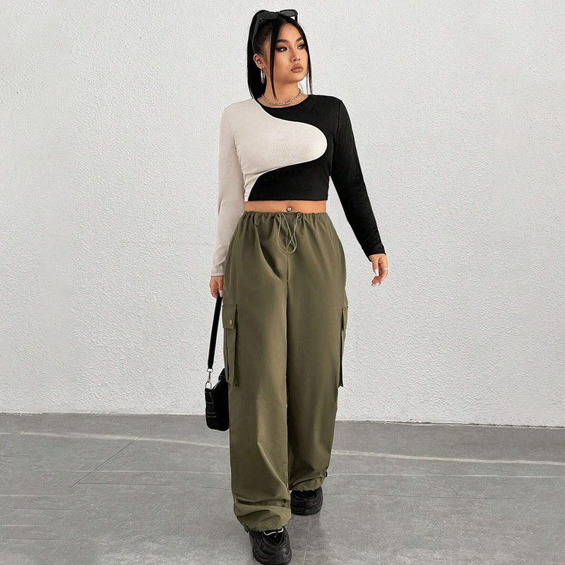 Slim Fit Midriff-baring Slimming Patchwork Round Neck Long Sleeve