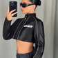 90s Spice Girls Inspired Top - Letter Print Street Style Long Sleeve Leather Jacket